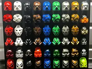 Bionicle Kanohi and Krana mask exhibition boards