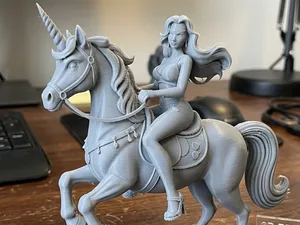 Angry and sexy woman riding a unicorn