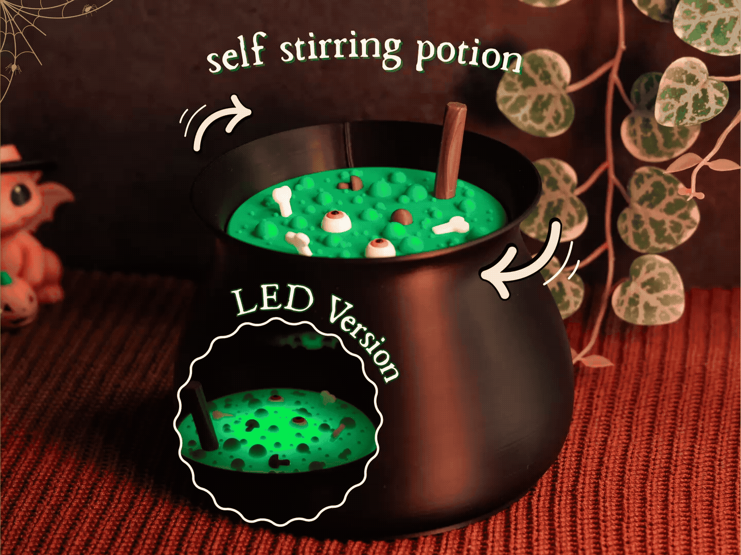Magic cauldron with self stirring potion