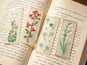 仿欧根纱金边透明植物书签4件套｜格桑花/铃兰/四叶草/山里红 ins风 掐丝珐琅 景泰蓝 非遗
