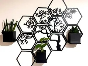 Hexagon tree wall art with planter pots and shelf