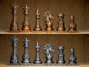 Ornate Baroque Style Complete Chess Pieces Set 