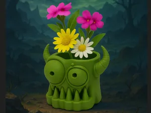 Monsterblumentopf mit Zähnen & Hörnern – schaurig