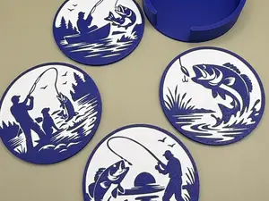 Fishing-themed coaster set with holder