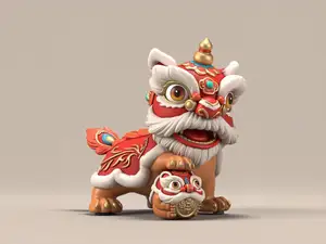 醒狮踩小狮子-国潮好运摆件-2026中国新年农历马年-春节儿童涂色玩具