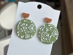 Green Round Earrings with Botanical Motif