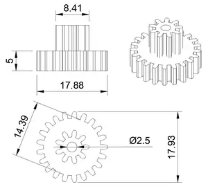 RC toy car double gear, 21x9 teeth, 18x8.5x2.5mm