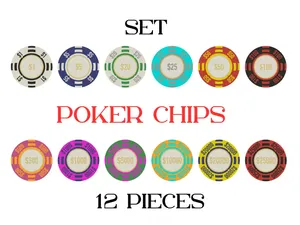12 PIECE POKER CHIPS MODIFIABLE SET WITH BOX