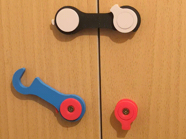 Latch with safety, mounts via screws or tape.