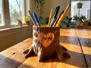 Heart Engraved Tree Stump Pen Holder