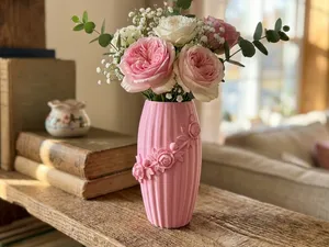 Floral Elegance Ribbed Vase with Rose Garland