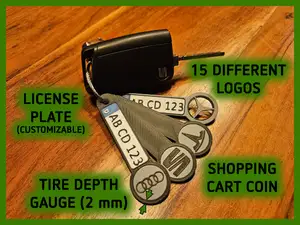 Keychain with car logo, shopping cart coin, gauge