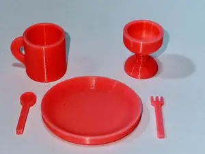dolls dinner set- plate, spoon, fork, mug, glass