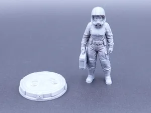 girl in a hazmat suit with stand.