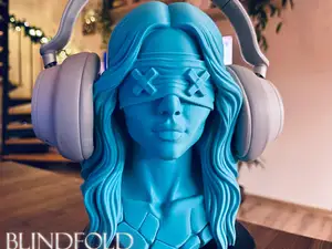 Blindfolded girl headphone or hat holder