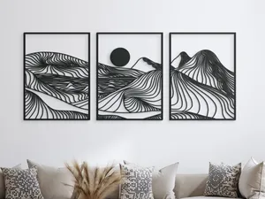 Mountains and Sun Line Art Triptych Wall Art