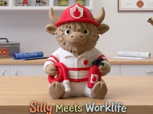 Fireman Highland Cow - Silly Meets Worklife