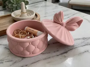 Detailed Bow Trinket Box & Jewelry Case Quilted