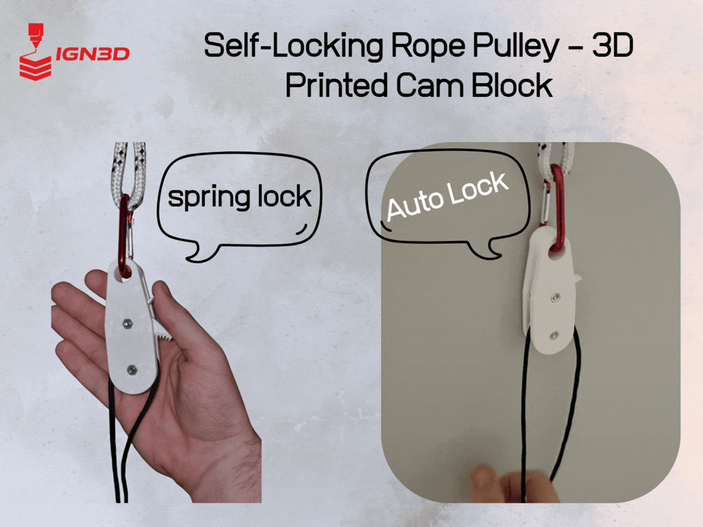 Self-Locking Rope Pulley – 3D Printed Cam Block