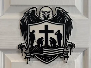 BALD EAGLE WITH SOLDIERS PRAYING AROUND A CROSS