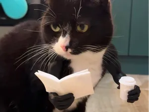 Morning Cat Arms: Reading & Coffee