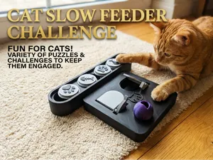 Cat slow feeder toy with multiple challenges