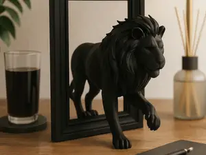 Matte Black Lion Sculpture Breaking Through Frame