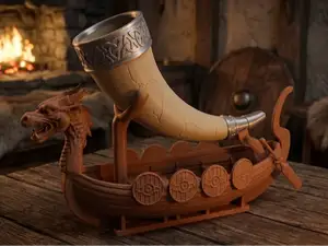 Epic Viking Drinking Horn & Drakkar Display Stand