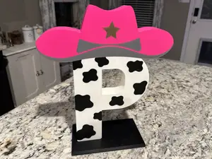 Letter P with Cowboy Hat - Cow Print