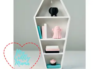 Mini Coffin Shelf with books, plant and cauldron