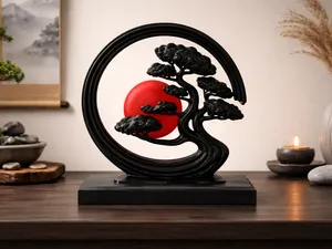 Japanese-Inspired Zen Tree Sculpture with Red Sun