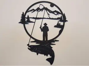 Mountain and Fishing Silhouette Wall Art