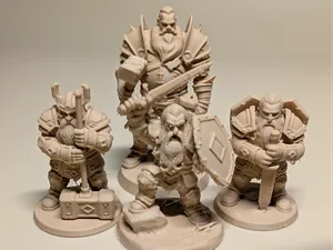 3 Dwarf and 1 Human warriors  dnd sizes 