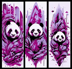 Set of 3 Pop Art Style Bookmarks of a Purple Panda Hiding in the Foliage 