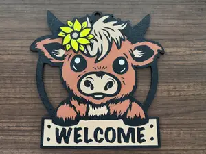 Highland cow Door Highland Cow Art Optional Flower