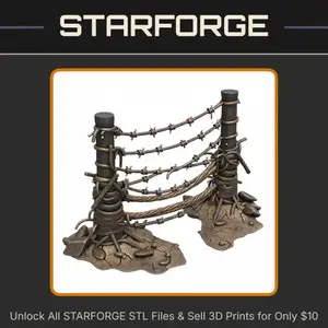 28mm Barbed Wire Fence with Wooden Posts and Ground Details WW2 WW1 Themed Scene Elements StarForge Kits 3D Print STL File
