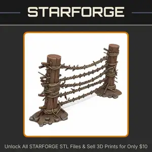 28mm Barbed Wire Fence Posts with Realistic Twisted Wire and Stakes StarForge Kits 3D Print STL File