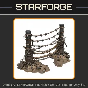 28mm Barbed Wire Fence with Wooden Posts and Ground Details WW2 WW1 Themed Scene Elements StarForge Kits 3D Print STL File