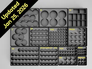 Gridfinity Stackable Battery Storage for Cylindrical & 9V Batteries (AA, AAA, AAAA, C, D, CR2, CR123, MN21/A23 & 9V)
