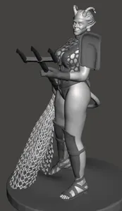 Frisky Tiefling Female Gladiator - Retiarius with trident, net, and dagger; leather + fishnet armor