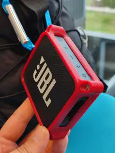 Bumper case frame for JBL GO 2 to use with carabineer to clip on a hiking backpack bag