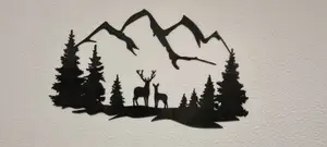 Nature Wall Art with 2 deer and 3 mountains 600x300mm + loose parts cut to 200x200