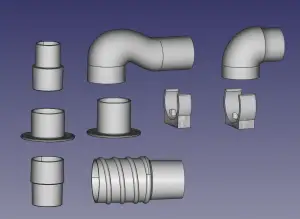 50mm air hose, vacuum, or pipe system: Adapter, angle, connector, and clip collection, threaded