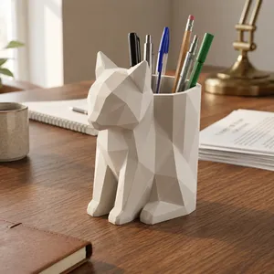 Low Poly Cat Pen Holder – Functional Geometric Desk Organizer