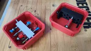 Offset version of the 1/4" router bit holder for low profile Packout organizer