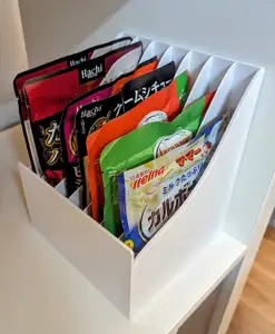 Food pouch organizer (Retort, MRE, cat food, etc). Curved design makes the pouch slide inside easily,