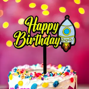 Full Color Spaceship Rocket Happy Birthday Cake Topper