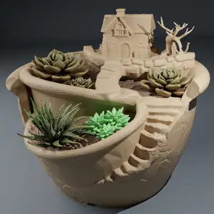 Planter with different levels, a bridge and medieval building