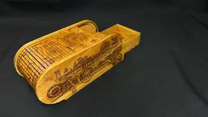 Unusual Wooden Tambour Pencil Box With Steampunk Engraving