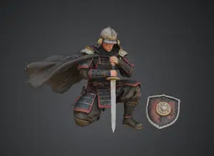 Kneeling Samurai Warrior with Katana – Feudal Japanese Armour